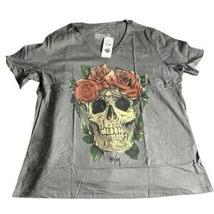 Metal Mulisha Womens V-NECK Top T-Shirt Short Sleeve Tee Gray Size XL